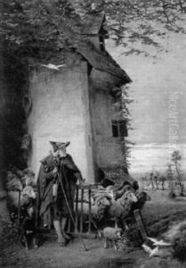 Schafer Mit Seiner Aus Dem Stall Drangenden Herde by Fritz Beinke