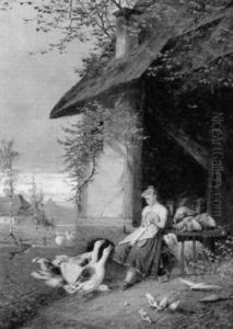 Strickendes Madchen Auf Dem Bauernhof Von Gansen Und Schafen Umgeben by Fritz Beinke