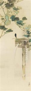 A Dragonfly On A Water Fountain Under Morning Glory And Gourds