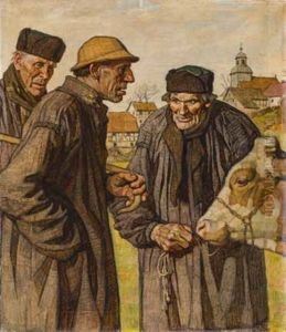Drei Bauern Mit Einer Kuh, Im Hintergrund Fachwerkhauser by Emil Beithan