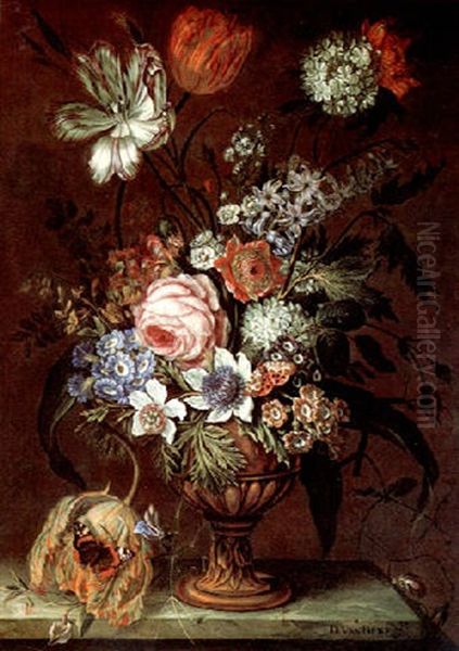 A Bouquet Of Flowers In A Vase On A Marble Table - view 1