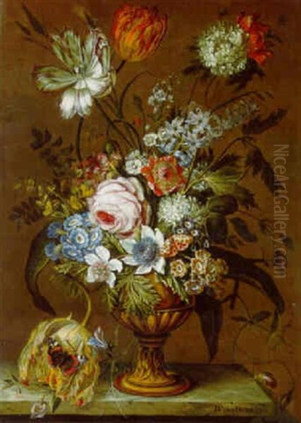 Flowers In A Vase With Butterflies On A Marble Ledge - view 1