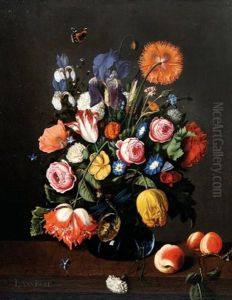 Bouquet De Fleurs Dans Un Vase En Verre Et Branche D'abricotier Poses Sur Un Entablement Bouquet De Fleurs Dans Un Vase En Verre Et Branche D'abricotier Poses Sur Un Entablement