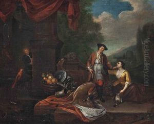 A Huntsman And A Lady With Game, A Silver Charger And A Bowl Of Fruit, Beside A Fountain And A Colonnade, A Landscape Beyond