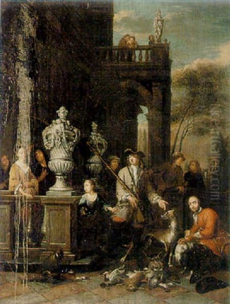 Elegant Ladies And Sportsmen With Their Game In An Architectural Setting - view 1