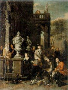 Elegant Ladies And Sportsmen With Their Game In An Architectural Setting
