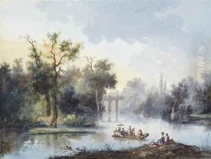 Promeneurs Dans Une Barque Et Couple Sur Le Bord Du Rivage Dans Un Paysage Arbore
