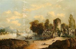 Flodlandskap Med Batar, Byggnader, Figurer Och Ruiner