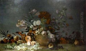 Nature Morte De Fleurs Et De Fruits Sur Un Entablement