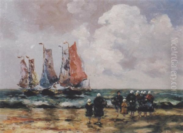 Kustenlandschaft Mit Schiffen Und Figurengruppe - view 1