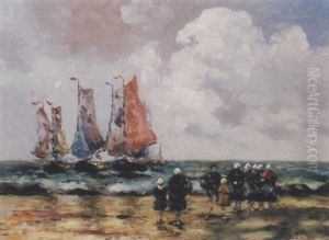 Kustenlandschaft Mit Schiffen Und Figurengruppe