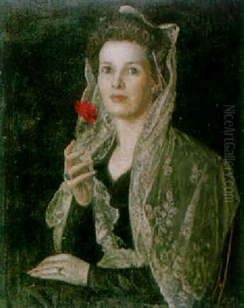 Portrait Of A Lady Holding A Flower, Wearing A Lace Shawl - view 1
