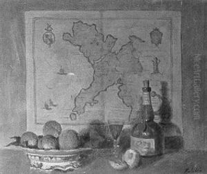 Still Life Of Fruit And A Bottle Before A Map Of North Wales by George Frederick A. Belcher