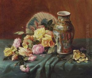 Still Life Of Roses And Chinoiserie by Joseph De Belder