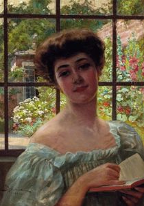 Portrai Tof A Lady In A White Summer Dress Holding An Open Book, A Walled Summer Garden Beyond Portrai Tof A Lady In A White Summer Dress Holding An Open Book, A Walled Summer Garden Beyond