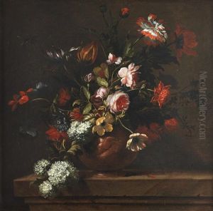 Tulips, Roses, Snowballs And Other Flowers In A Terracotta Vase On A Stone Ledge
