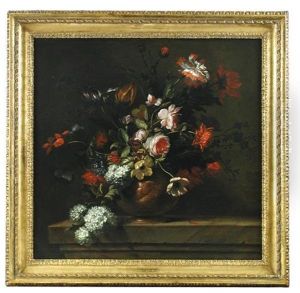 Summer Flowers In A Bowl On A Marble Ledge