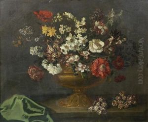Poppies, Narcissi, Orange Blossom And Other Flowers In A Bronze Urn With Auriculas On A Stone Ledge Draped With A Green Cloth