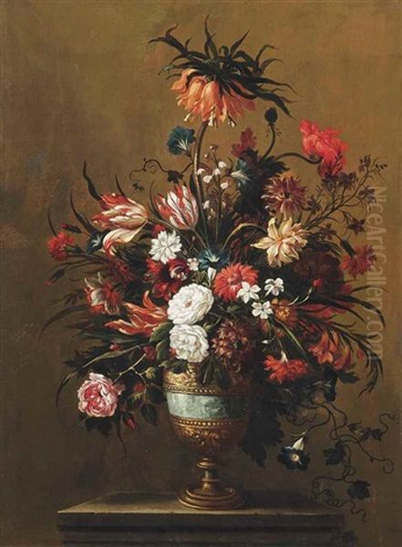 Tulips, Peonies, Carnations, Morning Glories And Other Flowers In A Bronze Urn On A Stone Ledge - view 1