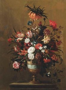 Tulips, Peonies, Carnations, Morning Glories And Other Flowers In A Bronze Urn On A Stone Ledge by Jean-Baptiste Ii Belin