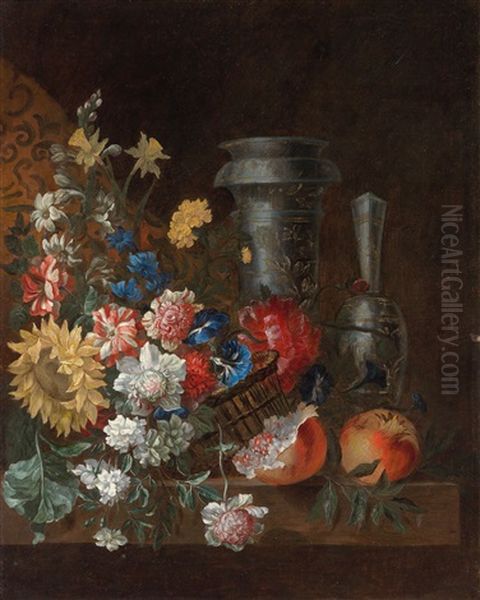 A Still Life Of Flowers And Fruit With Two Magnificent Blue And White Vessels - view 1