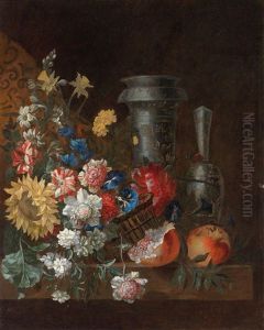 A Still Life Of Flowers And Fruit With Two Magnificent Blue And White Vessels by Jean-Baptiste Ii Belin