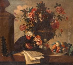 Bouquet De Fleurs, Corbeille De Fruits Et Partition