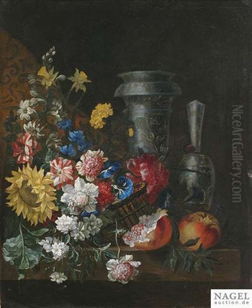 Blumen- Und Fruchtestilleben Mit Prunkgefasen Auf Einem Steinpodest - view 1