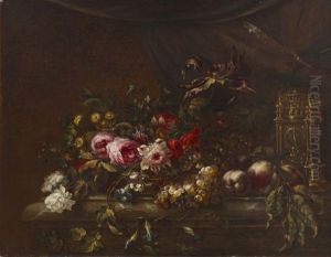 Fruits Et Fleurs Dans Une Corbeille Avec Une Pendule Sur Un Entablement