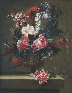 Blumenstilleben In Einer Reliefierten Henkelamphora Auf Steinpodest
