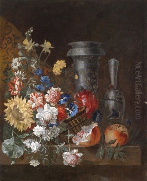 Ein Blumen- Und Fruchtestillleben Mit Zwei Blauweisen Prunkgefassen - view 1