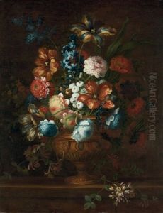 Tulips, Chrysanthemums, Violets And Other Flowers In A Bronze Urn, On A Stone Ledge