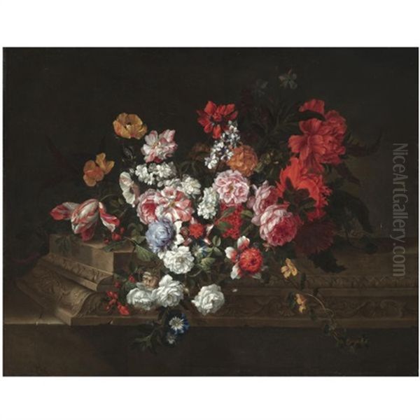 A Still Life With Roses, Tulips, Peonies, Carnations And Other Flowers On A Sculpted Stone Ledge - view 1