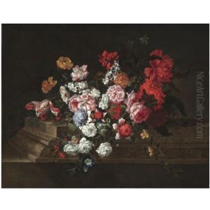 A Still Life With Roses, Tulips, Peonies, Carnations And Other Flowers On A Sculpted Stone Ledge by Jean-Baptiste Ii Belin