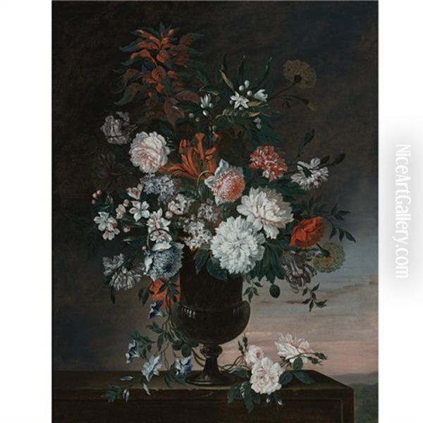 Carnations, Roses And Other Flowers In An Urn, A Sunrise Beyond - view 1
