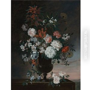 Carnations, Roses And Other Flowers In An Urn, A Sunrise Beyond Carnations, Roses And Other Flowers In An Urn, A Sunrise Beyond