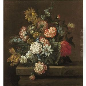 Still Life With Chrysanthemums, Morning Glory, A Tulip And Other Flowers In A Glass Vase Resting On A Ledge by Jean-Baptiste Ii Belin