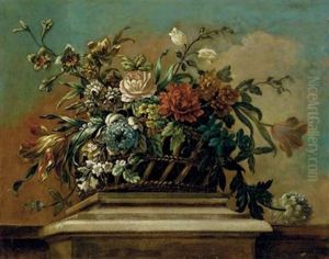 Roses, Tulips And Other Flowers In A Basket On A Ledge by Jean-Baptiste Ii Belin