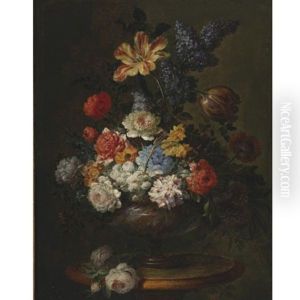 Still Life Of Tulips, Lilacs, Peonies And Other Flowers In A Vase Resting On A Table by Jean-Baptiste Ii Belin