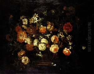 Bouquet Of Summer Flowers, Peonies, Tulips And Lilies In An Open-weave Basket by Jean-Baptiste Ii Belin