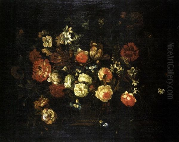 A Bouquet Of Summer Flowers, Peonies, Tulips, And Lilies In An Open Weave Basket - view 1