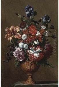 Irises, A Tulip, A Rose, Jasmine And Other Flowers In A Sculpted Urn On A Stone Ledge