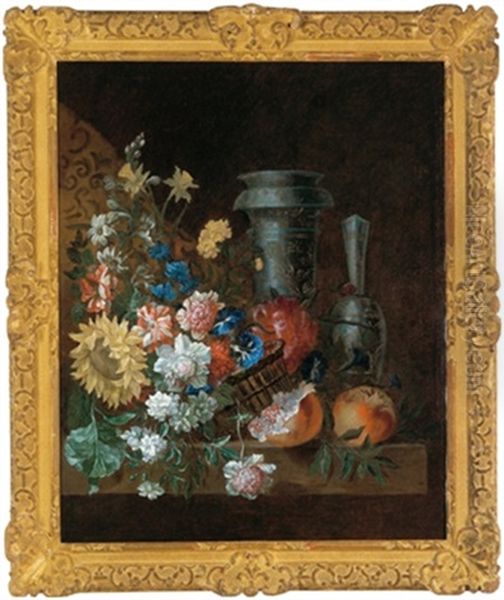 Ein Korb Mit Nelken, Winden, Pfingstrosen Und Einer Sonnenblume, Mit Zwei Blauweisen Prunkgefasen Sowie Zwei Granatapfeln - view 1
