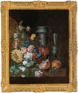 Ein Korb Mit Nelken, Winden, Pfingstrosen Und Einer Sonnenblume, Mit Zwei Blauweisen Prunkgefasen Sowie Zwei Granatapfeln