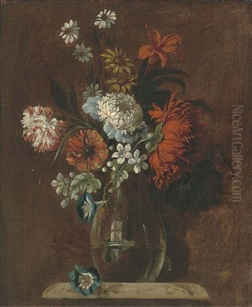 Morning Glory, Carnations, Chrysanthemums, A Lily And Other Flowers In A Glass Vase On A Pedastal - view 1