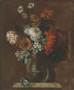 Morning Glory, Carnations, Chrysanthemums, A Lily And Other Flowers In A Glass Vase On A Pedastal