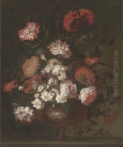 Carnations, Roses, Chrysanthemums, Narcissi And Other Flowers In A Sculpted Urn On A Stone Ledge by Jean-Baptiste Ii Belin