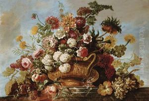 Flowers In A Terracotta Vase With Fruit On A Ledge