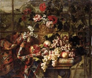 Still Life Of Various Flowers In A Bronze Urn, Together With Pomegranates, Grapes, Pears And Plums On A Marble Table Draped With A Carpet by Jean-Baptiste Ii Belin