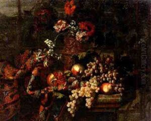 Raisin, Prunes, Poires, Grenades, Sur Un Entablement Orne D'un Riche Tapis Et De Fleurs Dans Un Vase Cisele Et Dore